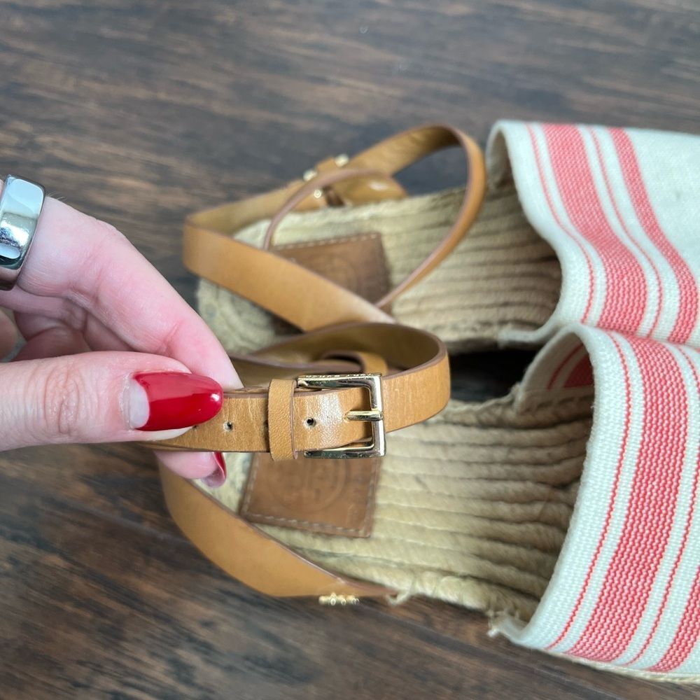 Tory Burch Espadrille Awning Stripe Leather Strap Sandals - Picture 6 of 9